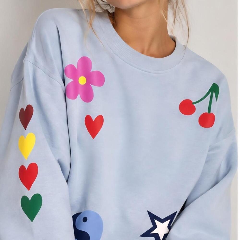 Bailey Rose Y2K Colorful Graphic Sweatshirt Pastel Baby Blue M